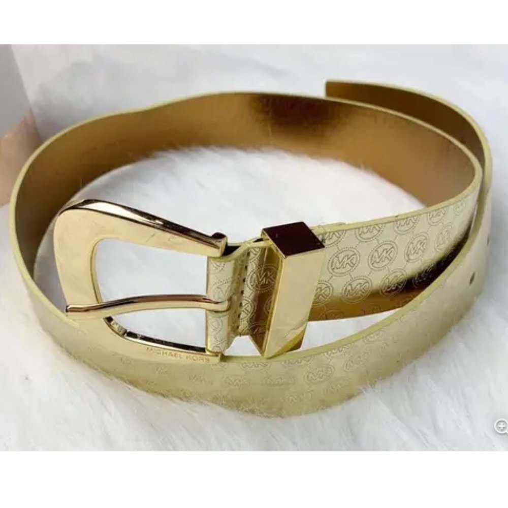 MICHAEL Michael Kors, brand new gold twist leather logo belt, Small